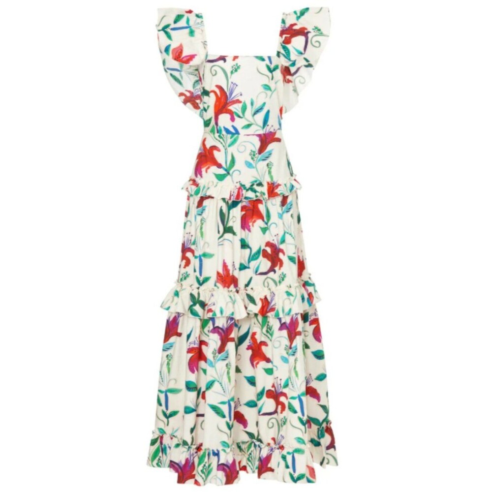 La DoubleJ Scarlett Cotton Floral Flutter Sleeve Square neck Tiered Maxi Dress M